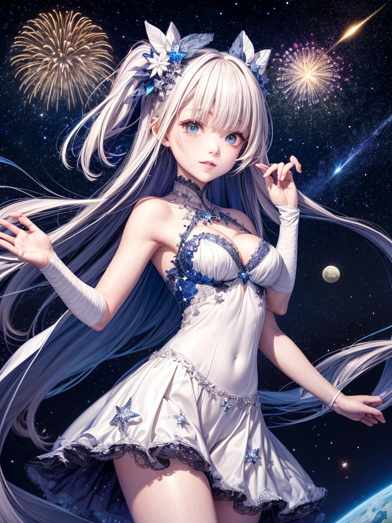 a beautiful girl: glow hair, blue eyes (0.9), dress with super beautiful crystals, ,bandages,breasts,city lights,constellation,crescent moon,earth \(planet\),fireworks,full moon,galaxy,light particles,long hair,milky way,moon,moonlight,night,night sky,planet,shooting star,sky,snowing,solo,space,sparkle,star \(sky\),star \(symbol\),starry background,starry sky,starry sky print,