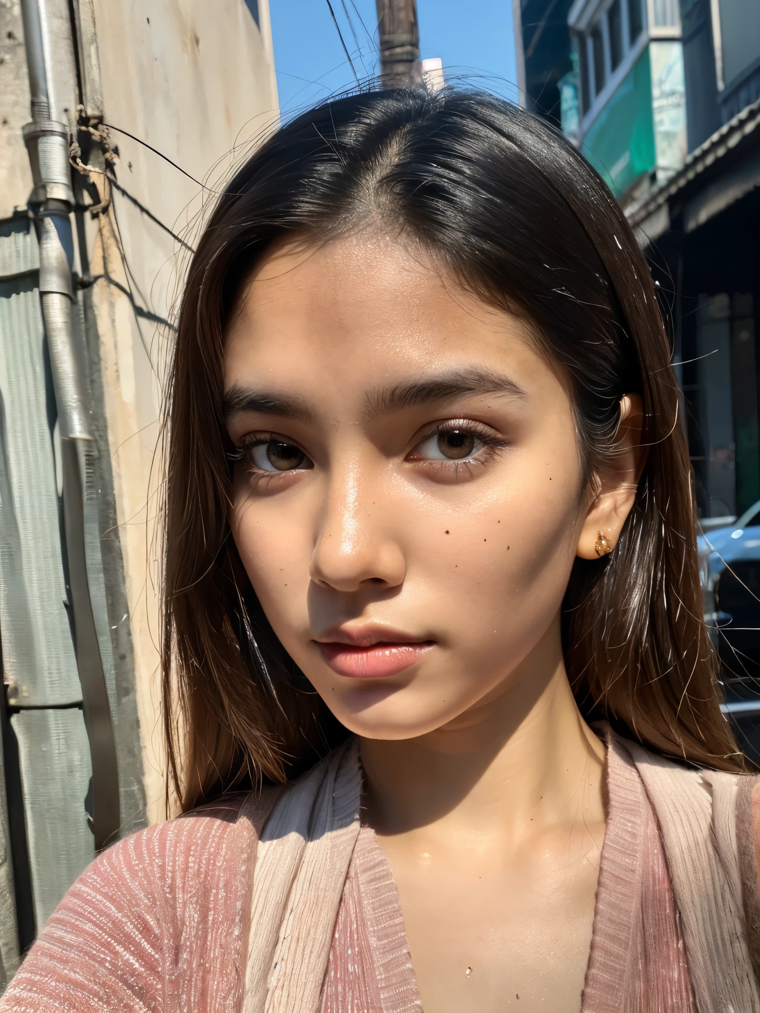 8K,Best quality, masterpiece, ultra high res, (photorealistic:1.4), raw photo, (Authentic skin texture:1.3), (film grain:1.3), (selfie angle),1girl,beautiful detailed eyes and face,masterpiece, best quality,close-up,upper bod, bengali looking girl, single small black mole beside her lips, iphone selfie