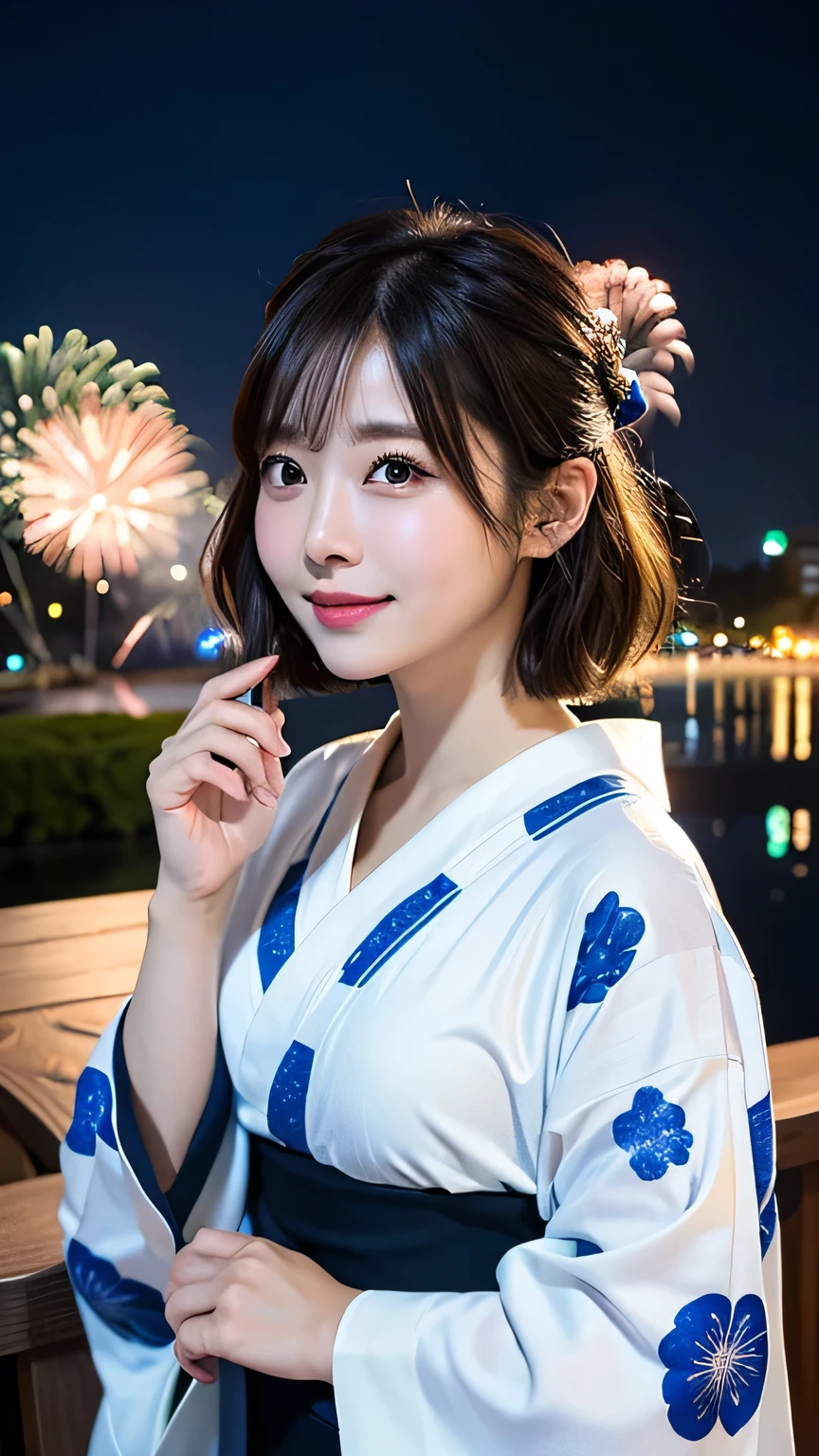 (8k、RAW Photosgraphy、Highest quality、masterpiece:1.2)、(Realistic、Realistic:1.37)、Ultra-high resolution、One Girl、cute、alone、night、Sitting、date、(Nose redness)、(Laughter:1.1)、(Closed)、Huge 、Beautiful Eyes、(short hair:1.2)、(((Fireworks bursting into the sky、night)))、(((kimono、yukata)))、Cleavage、Perfect body、Perfect Fingers、Professional Lighting、Japanese Goddess、gravure、Detailed face and skin texture、Detailed eyes、RAW Photos