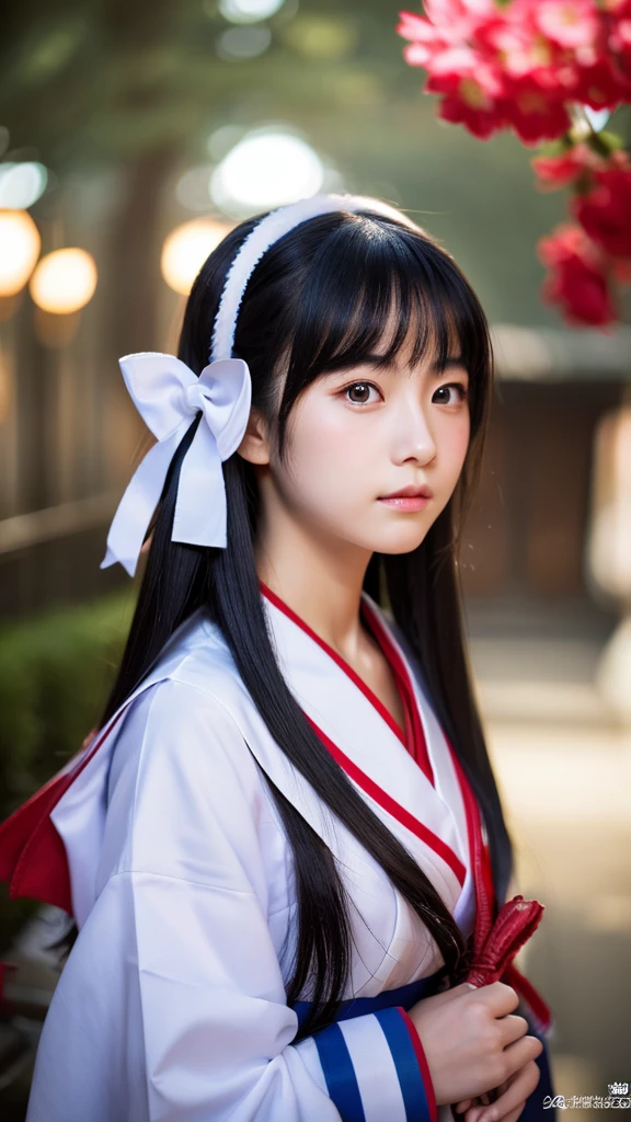 One girl, High resolution, Long Hair, Gaze, Black Hair, Close your mouth, masterpiece, Highest quality, High resolution, High detail, shrine,Shrine maiden,knife,Background blur, 8k octane, 3D Rendering,