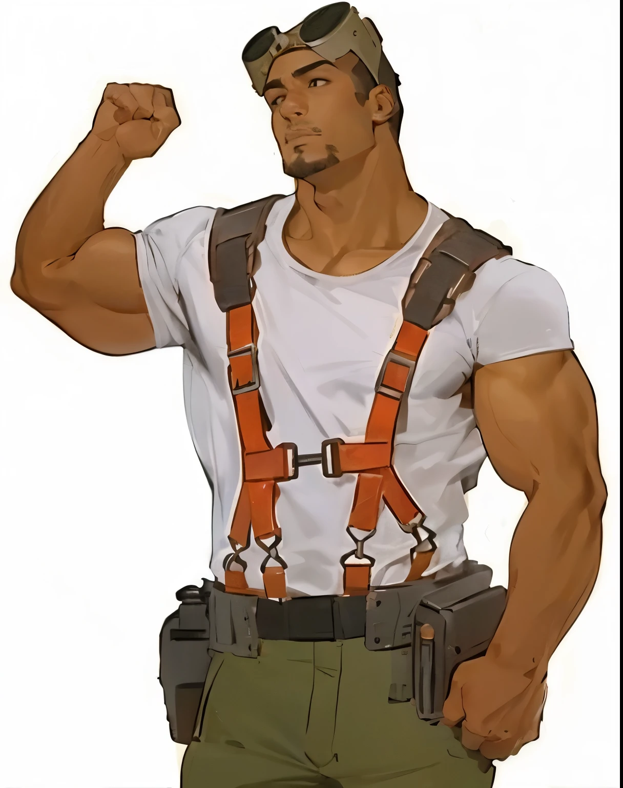 Masterpiece, Best Quality, Ultra-Detailed, 1man, man, 28 years old, rugged, strong, jock, hunk, bara, large shoulders, muscular, tanned skin, brown skin, black skin, black hair, buzz cut, buzz cut hairstyle, black eyes, detailed eyes, very beautiful eyes, black goatee, goatee, thick eyebrowns, steampunk googles on head, white shirt, orange suspenders, officer suspender, black gloves, brown pants, white shoes, white all-star shoes, full body shot, white background,