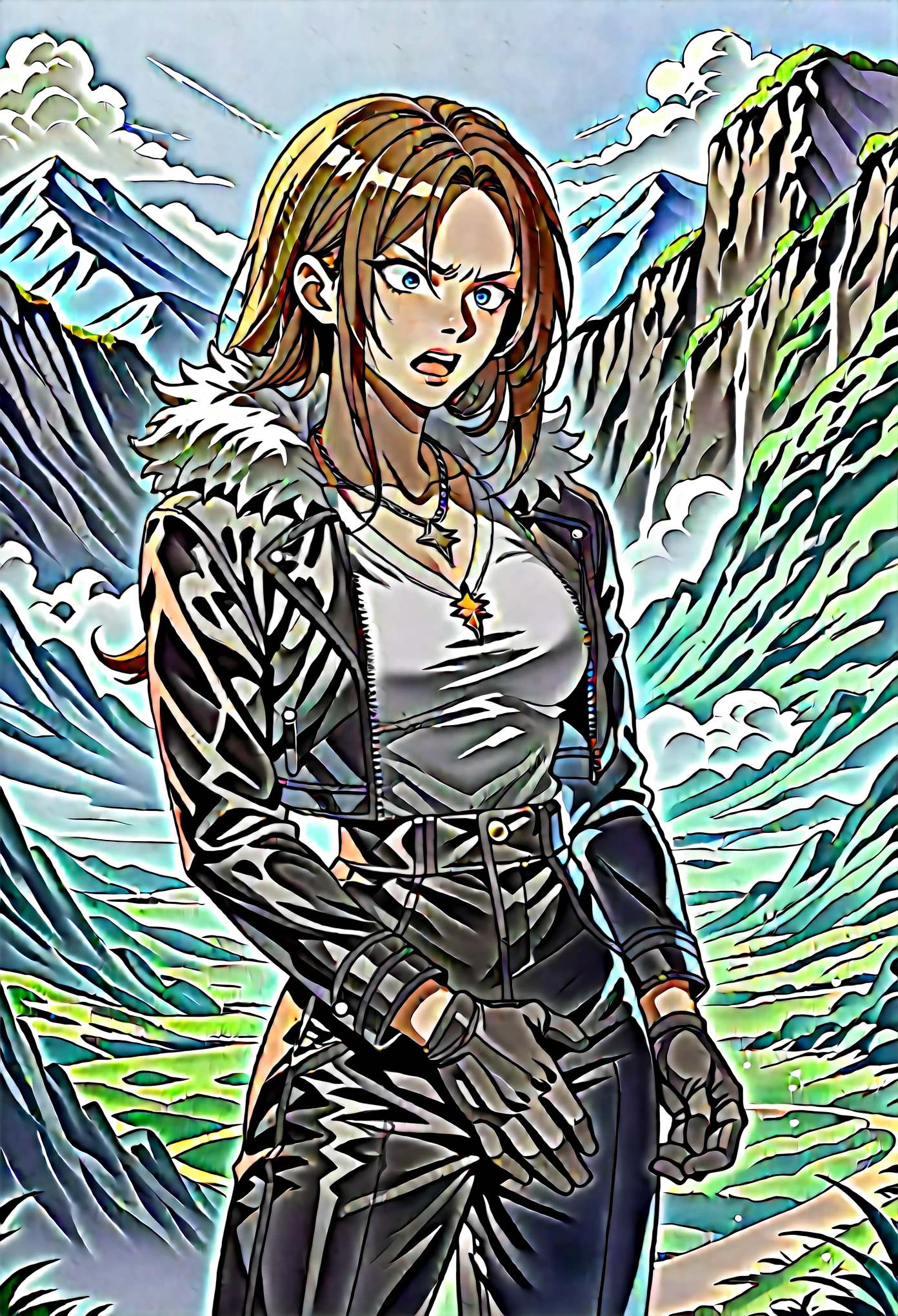 score_9, score_8_up, score_7_up, 1boy, solo, squall, medium breasts, slender body, necklace, brown hair, long hair, gloves, white shirt, blue eyes, shirt, black gloves, jacket, black jacket, fur trim jacket, black pants, scar, scar on face, hands on crotch, parted bangs, sweathing, shaking, thin waist, shocked face, angry, screaming, stiff hands, standing, looking down, landscape,