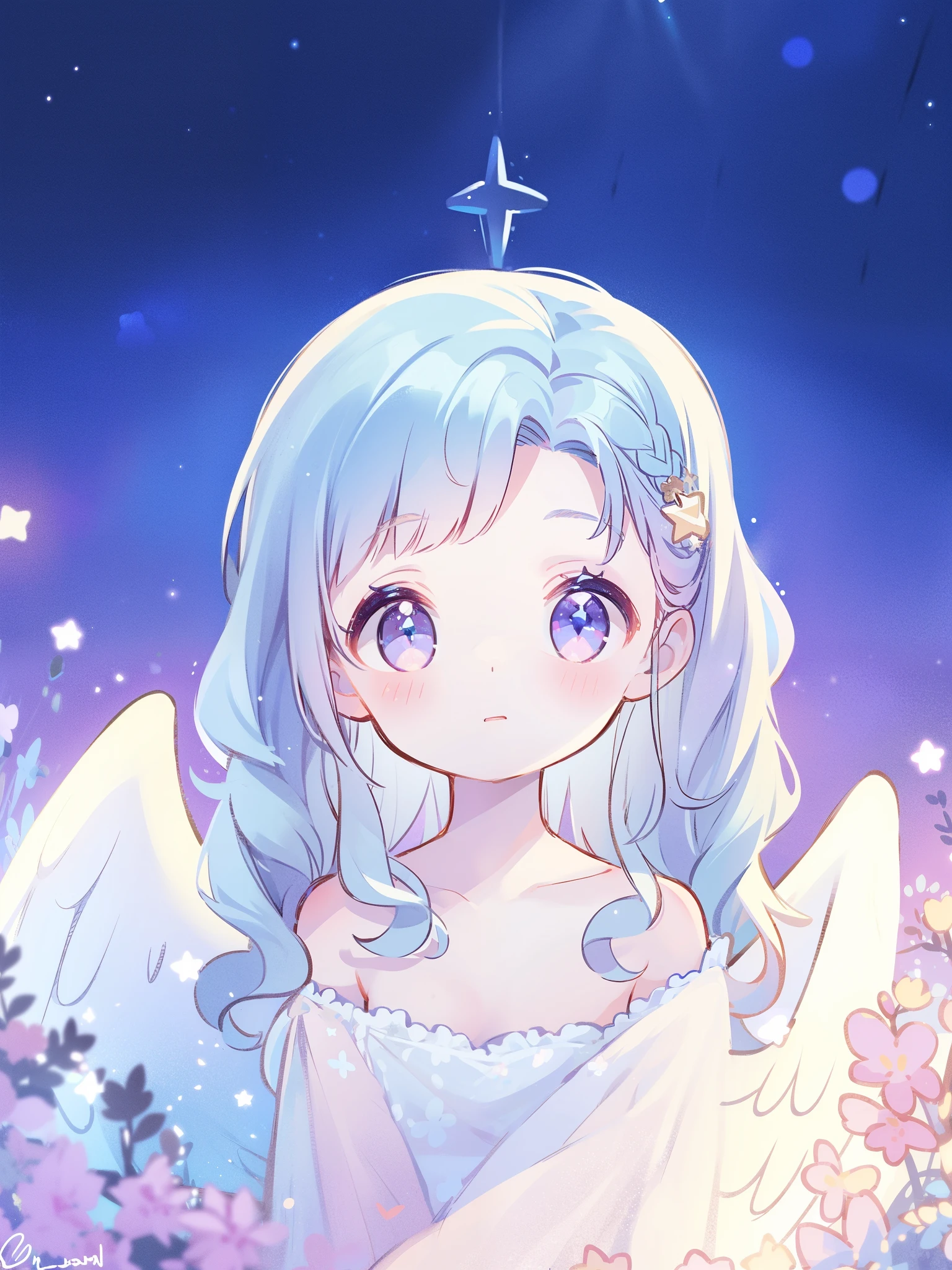 nude angel girl wearing an ethereal translucent dress, pale skin, ((wavy gradient blue purple hair)), magical dream flower garden, angel wings, sparkling detailed eyes, golden ratio face, perfect composition, highly detailed, ethereal, (starry night sky background), midjourney style