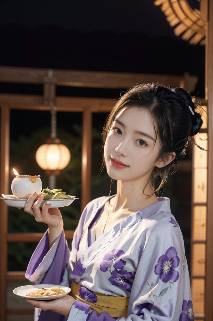 (((best quality))),(((ultra detailed))),(((masterpiece))),illustration,((1 beautiful Japannese girl,solo)),((slim,thin)),((small breasts,flat chest)),(in izakaya:1.3),(summer:1.2),(rainy:1.3),(indoor:1.2),(night scene:1.3),(wet:1.3),(purple floral yukata:1.3),neat bun,porcelain skin,rouge,dimly lit,warm glow,ethereal,(standing:1.3),(hands on both sides:1.3),sake bottle,half-empty glass,tray,grilled fish,steamed vegetables,half-eaten,melancholic smile,storm,solitude,enigmatic aura,tranquility,chaos,simplicity,mysterious,captivating,((from front,upper body))