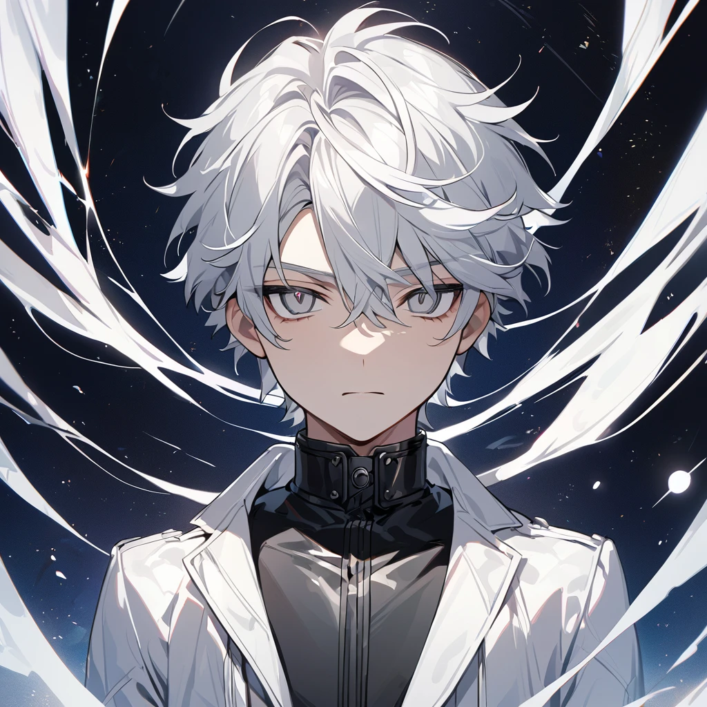 High quality, HD, 4k, no shadows, handsome male, 1male, , teenager, shwhite hair, silver hair, white hair, sharp eyes, grey colored eyes, deep grey eyes, grey eyes, devil may cry, close up, calm expression, stoic expression, black leather clothes, white leather clothing, lean body, well trained body, upper body, looking at viewer, cowboy shot, white solar, space background
