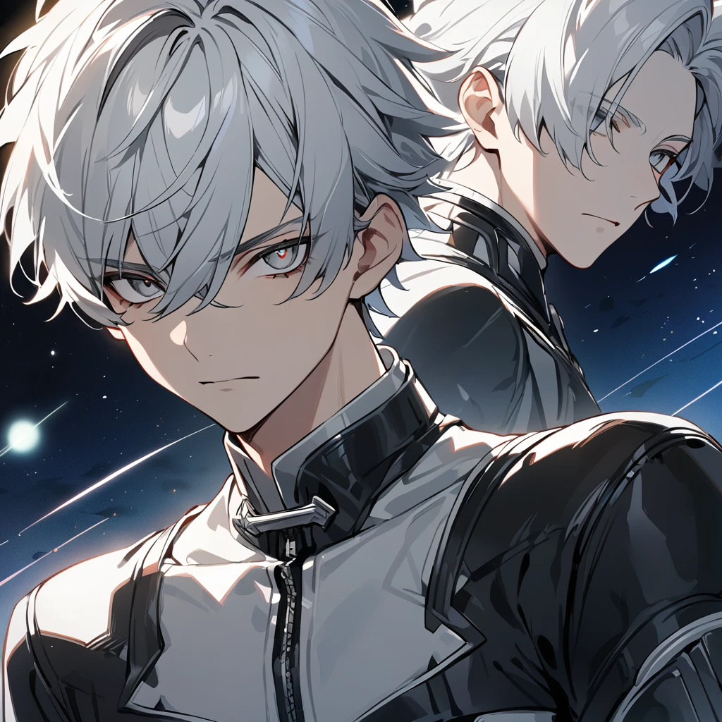 High quality, HD, 4k, no shadows, handsome male, 1male, 17 years old, teenager, short white hair, silver hair, white hair, sharp eyes, grey colored eyes, deep grey eyes, grey eyes, devil may cry, close up, calm expression, stoic expression, black leather clothes, white leather clothing, lean body, well trained body, upper body, looking at viewer, cowboy shot, white solar, space background