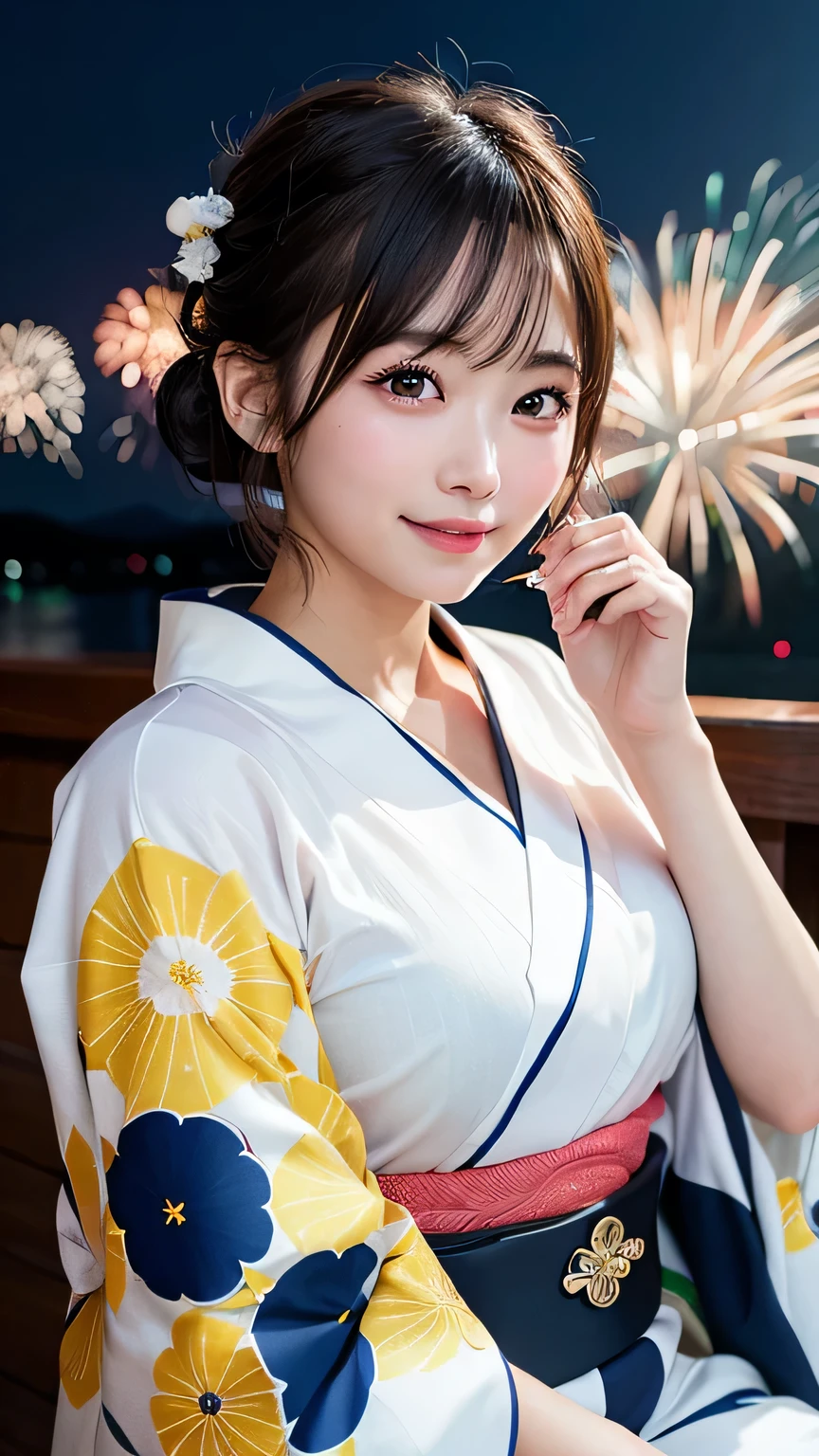 (8k、RAW Photosgraphy、Highest quality、masterpiece:1.2)、(Realistic、Realistic:1.37)、Ultra-high resolution、One Girl、cute、alone、night、Sitting、date、(Nose redness)、(Laughter:1.1)、(Closed)、Huge 、Beautiful Eyes、(short hair:1.2)、(((Fireworks bursting into the sky、night)))、(((kimono、yukata)))、Cleavage、Perfect body、Perfect Fingers、Professional Lighting、Japanese Goddess、gravure、Detailed face and skin texture、Detailed eyes、RAW Photos