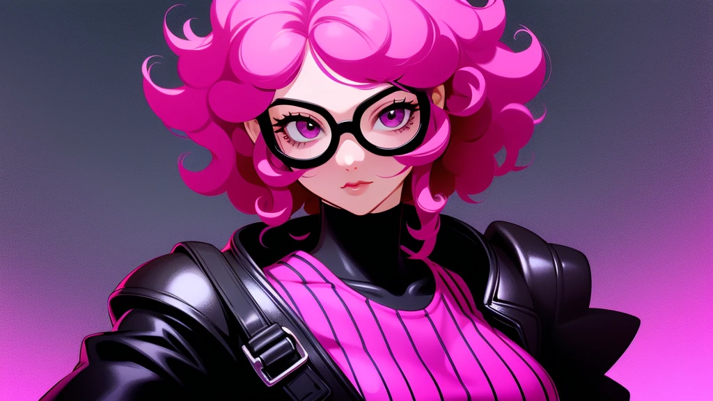 woman medium curly hair pink black eye black glasses pink clothing cyberpunk