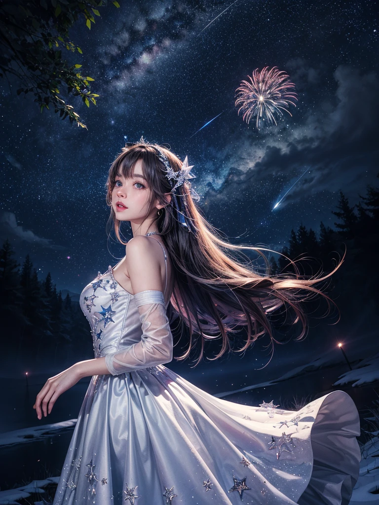 a beautiful girl: glow hair, blue eyes (0.9), dress with super beautiful crystals, ,bandages,breasts,city lights,constellation,crescent moon,earth \(planet\),fireworks,full moon,galaxy,light particles,long hair,milky way,moon,moonlight,night,night sky,planet,shooting star,sky,snowing,solo,space,sparkle,star \(sky\),star \(symbol\),starry background,starry sky,starry sky print,