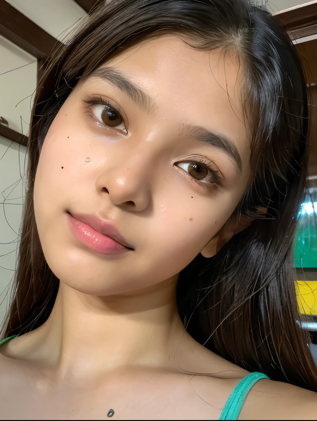 8K,Best quality, masterpiece, ultra high res, (photorealistic:1.4), raw photo, (Authentic skin texture:1.3), (film grain:1.3), (selfie angle),1girl,beautiful detailed eyes and face,masterpiece, best quality,close-up,upper bod, bengali looking girl, single small black mole beside her lips, inside aesthetic home with good interior, iphone selfie