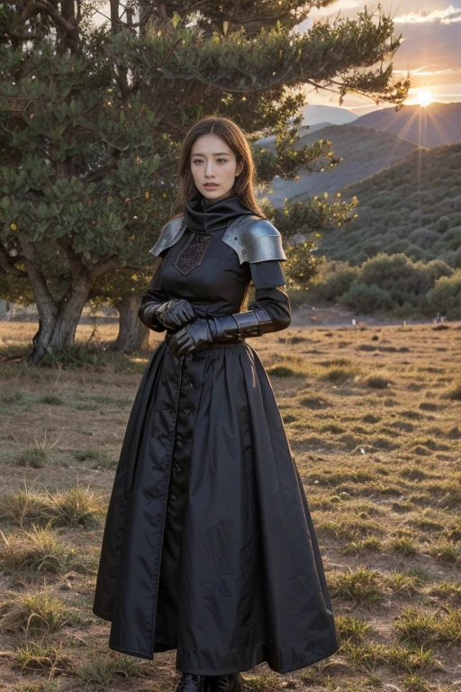 at sunset,spectacular cloud formations,1 Girl, 1 boy, (best quality, Beruca, Gloves), ((Medieval metal armor)), lace scarf, 黑Gloves, long legs, boots, sit, Trees, Mountain, Beautiful scenery in the background, Soft sunset, Subtle reflections on the ground.