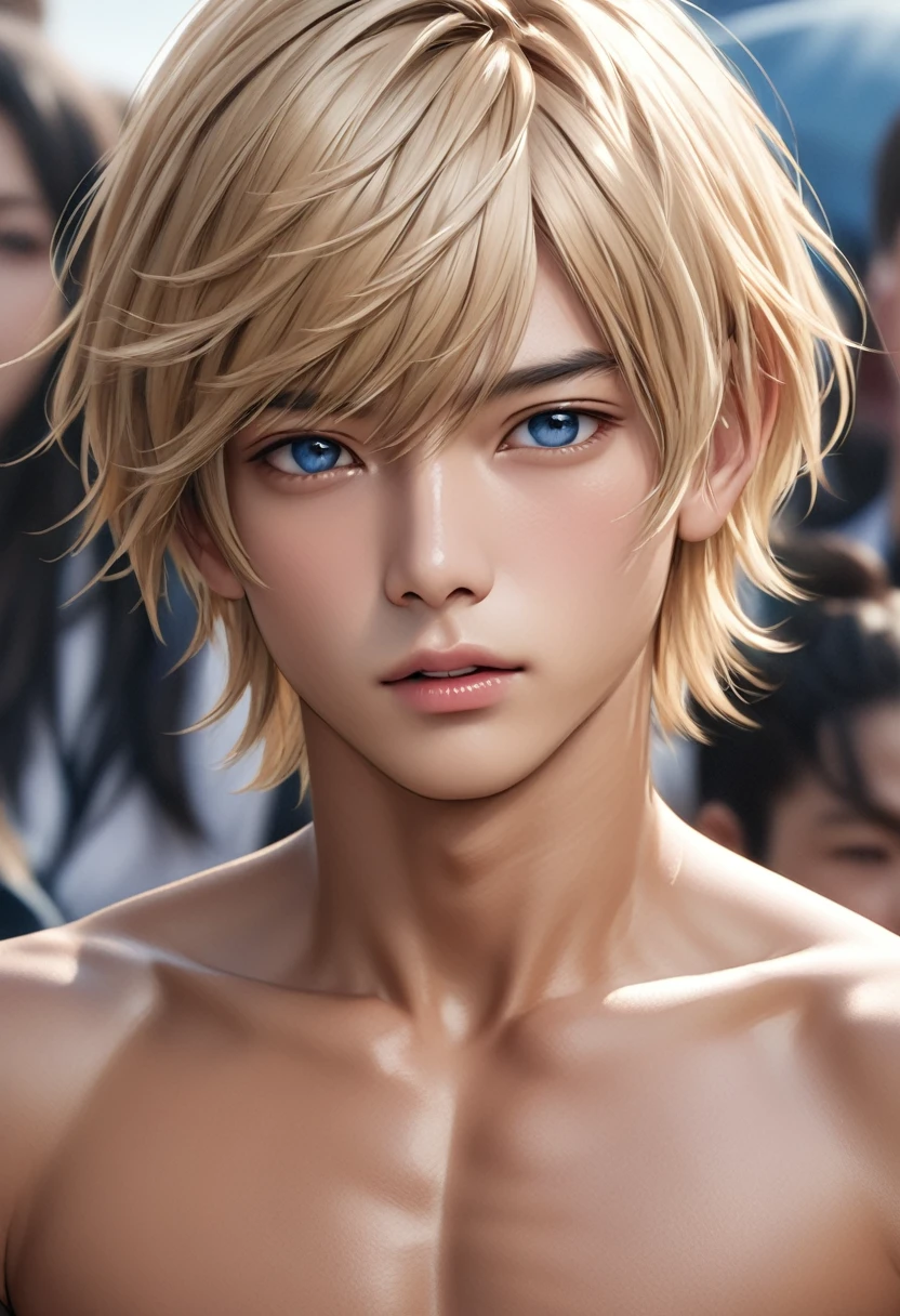 high quality, detailed, photo Realistic, (20 years old tanned japanese idol boy), (detailed blue eyes), (blond short hair),(tanned shiny skin:1.3), black tiny thong, bulge,(detailed nipples), (best quality,4k,8k,highres,masterpiece:1.2), (face close up:0.8),(realistic,photorealistic,photo-realistic:1.37), front shot,