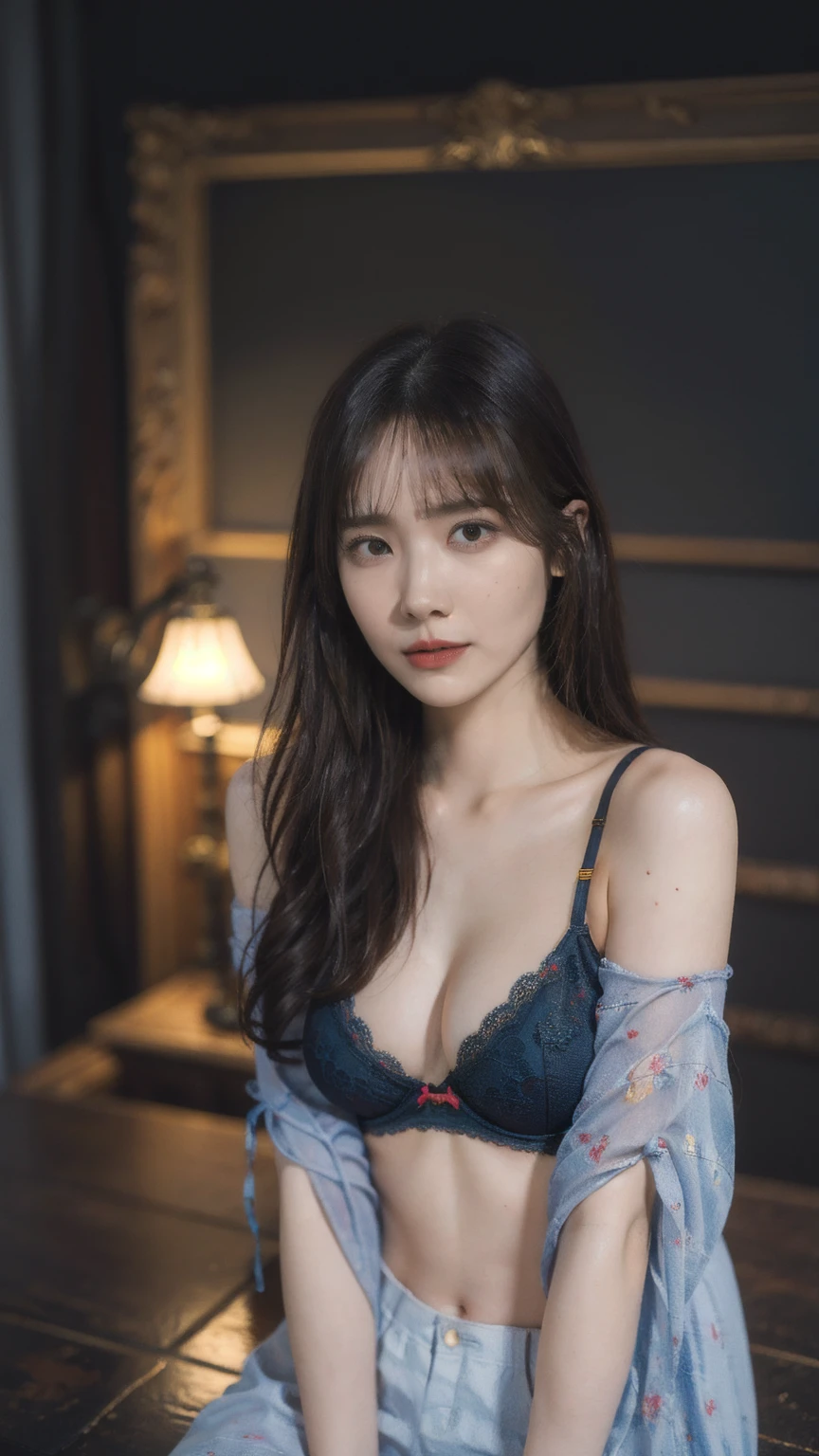 1girl, woman, masterpiece, best quality, highest quality, (volumetric lighting), extremely detailed CG unity 8k wallpaper, focused, 8k wallpaper, extremely detailed, ultra realistic, photorealistic, sharp focus, absurdres, (HDR:1.2), (high contrast), photograph, detailed and intricate, instagram, portrait, highly detailed, digital painting, artstation, concept art, smooth, sharp focus, illustration, natural big breast, medium shoulder, show tight, looking at the viewer, bra, long hair, double eyelid, sitting and show thighs