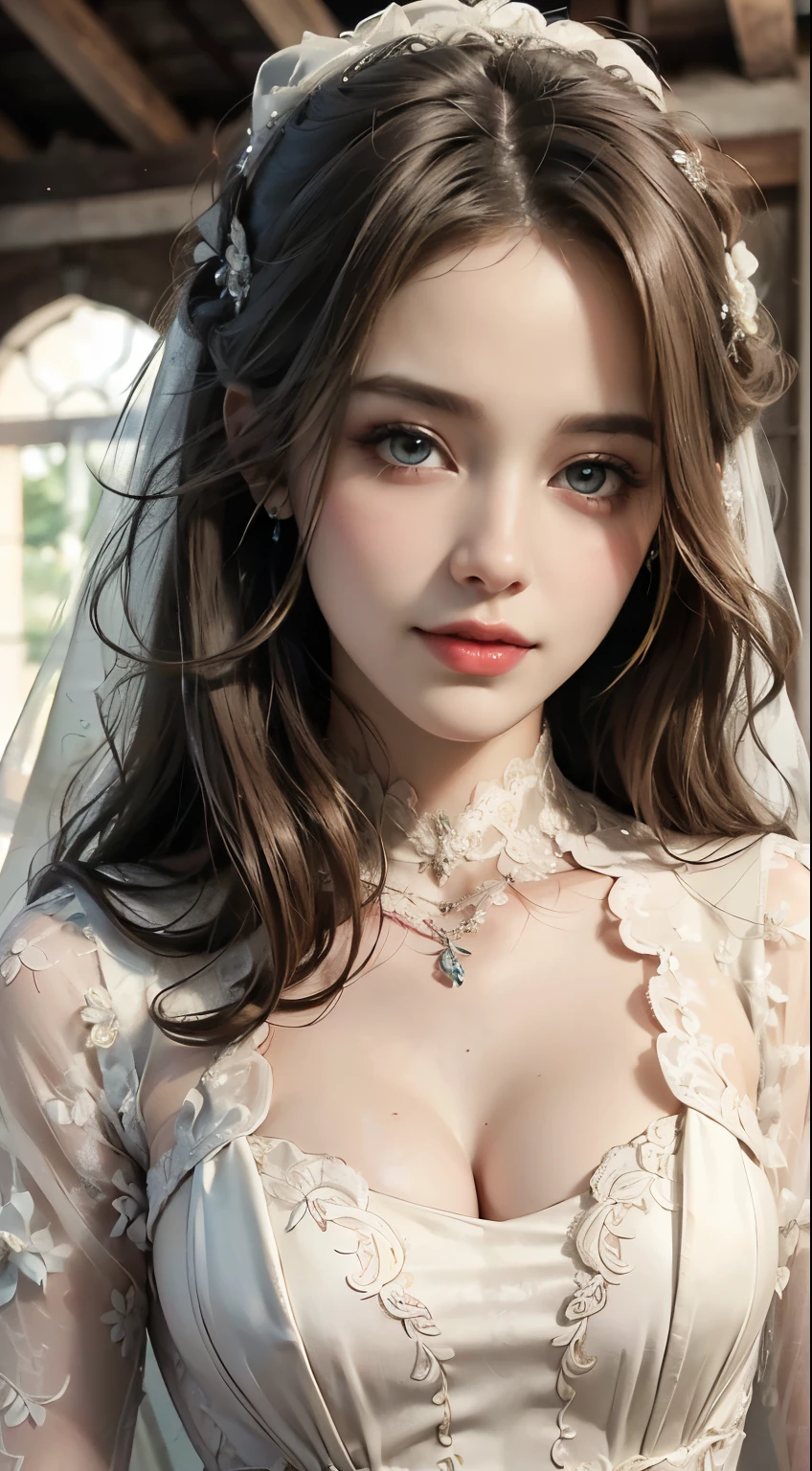 (1 woman), Updo, blonde hair, very cute face, amazing face and eyes, (very detailed eyes, very detailed 얼굴), fresh, Very clean appearance, (surrealistic, high resolution), (best quality:1.4), (ultra high quality), actual skin structure, RAW photos, (realistic, realistic:1.37), very detailed, professional photoshooting, (beautiful vintage lace wedding dress:1.5), (open front lace wedding dress), (Décolleté:1.2), (bare shoulders), Smile slightly, (looking at me), luxury accessories, necklace and earrings, in the rose garden, girl portrait,