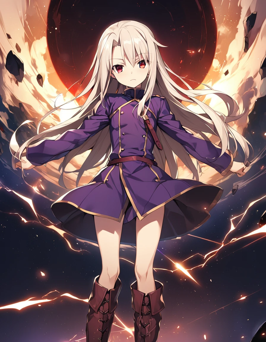 1girl(fate stay night, Illyasviel von Einzbern, white long hair, red eyes, purple coat, leather long boots, free hands)