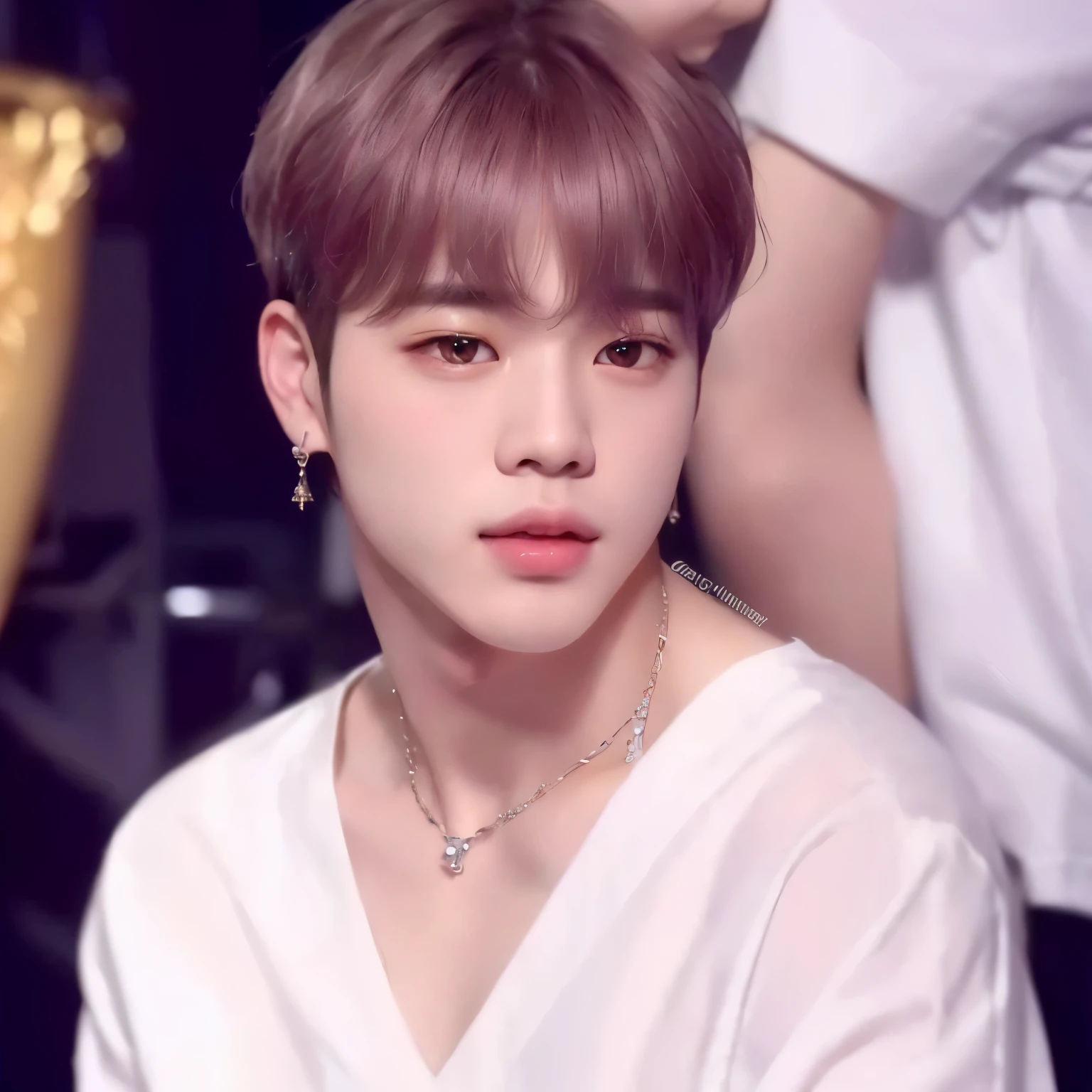 a close up of a person in a white shirt and a necklace, Jimin\fleshy lips, accurate Jimin face, Jimin\the Greek nose, Jimin\the right eyelid is swollen, park Jimin, Jimin, jung jaehyun, ironic smile, yanjun chengt, Kim Doyoung, drainage gang bladee, hyung tae, Jimin, Park Jimin, Korean male face, Korean face, BTS Jimin