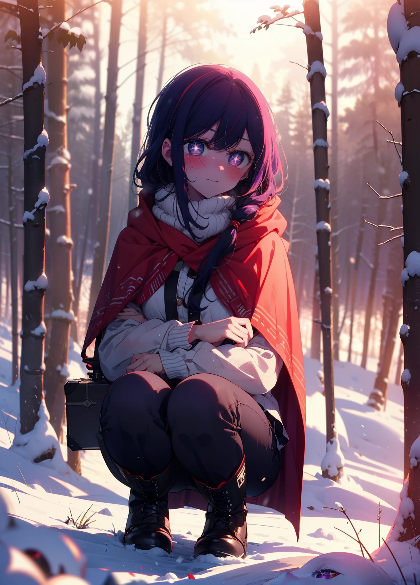 aihoshino, Ai Hoshino, Long Hair, bangs, (Purple eyes:1.1), Purple Hair, (Symbol-shaped pupil:1.5), smile,,smile,blush,white breath,
Open your mouth,snow,Ground bonfire, Outdoor, boots, snowing, From the side, wood, suitcase, Cape, Blurred, , forest, White handbag, nature, Squat, Mouth closed, Cape, winter, Written boundary depth, Black shoes, red Cape break looking at viewer, Upper Body, whole body, break Outdoor, forest, nature, break (masterpiece:1.2), Highest quality, High resolution, unity 8k wallpaper, (shape:0.8), (Beautiful and beautiful eyes:1.6), Highly detailed face, Perfect lighting, Highly detailed CG, (Perfect hands, Perfect Anatomy),
