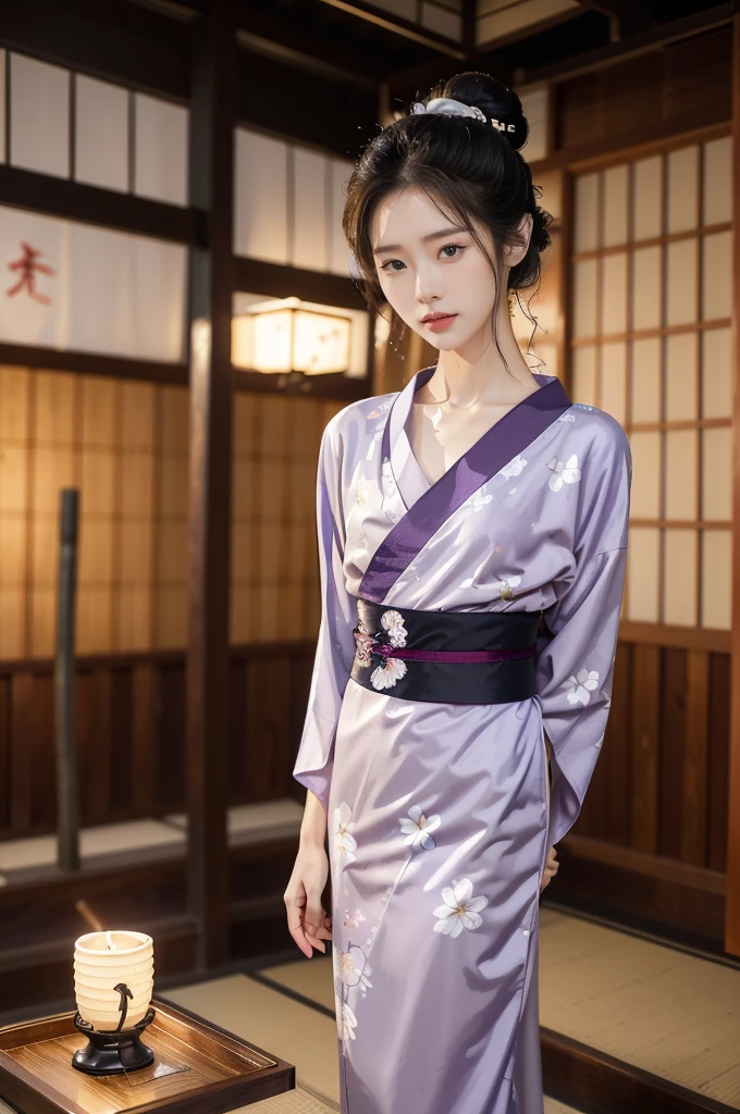 (((best quality))),(((ultra detailed))),(((masterpiece))),illustration,((1 beautiful Japannese girl,solo)),(neat bun:1.2),((slim,thin)),((small breasts,flat chest)),(in izakaya:1.3),(summer:1.2),(rainy:1.3),(indoor:1.2),(night scene:1.3),(wet:1.3),(collar:1.2),(purple floral yukata:1.3),(hakama:1.2),porcelain skin,(slender legs:1.2),(loafers:1.2),rouge,dimly lit,warm glow,ethereal,(standing:1.3),(arms behind back:1.2),sake bottle,half-empty glass,tray,grilled fish,steamed vegetables,half-eaten,melancholic smile,storm,solitude,enigmatic aura,tranquility,chaos,simplicity,mysterious,captivating,((from front,full body))