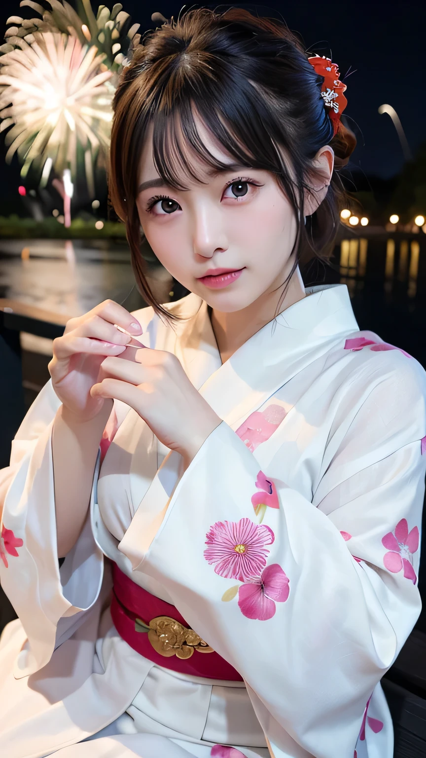 very cute、15 years old、girl、Straight Long Hair、((yukata))、((firework))、((Night Sky))、Cherry blossom trees、Chest element skin、