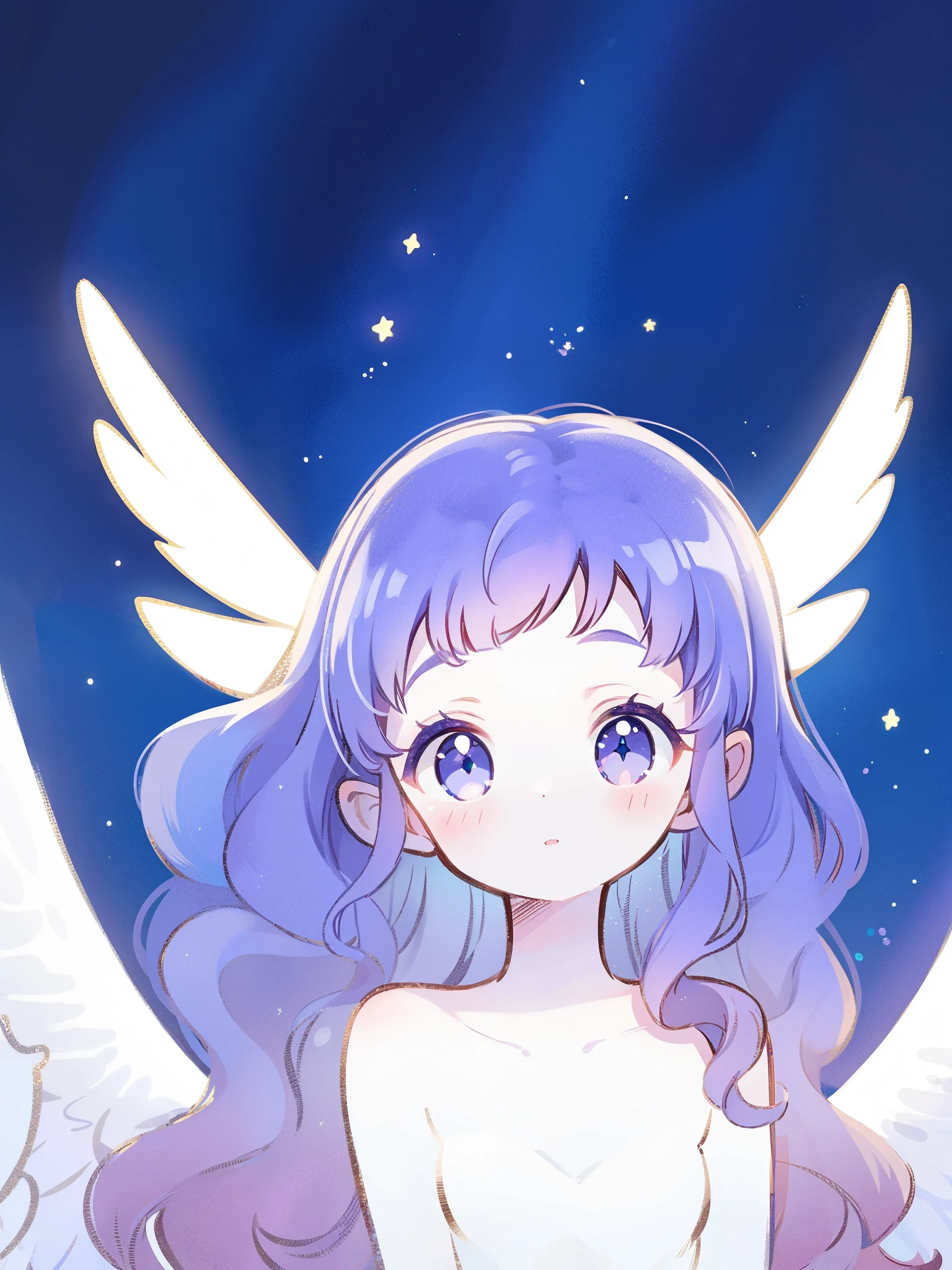 nude angel girl wearing an ethereal translucent dress, pale skin, ((wavy gradient blue purple hair)), white feathers, angel wings, sparkling detailed eyes, golden ratio face, perfect composition, highly detailed, ethereal, (starry night sky background), midjourney style