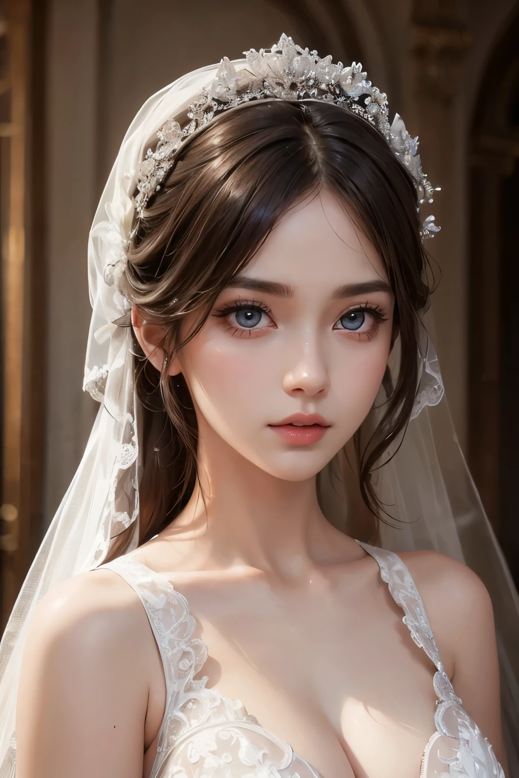 Girl in wedding dress, detailed face, beautiful eyes, The nose and lips are detailed., long eyelashes, whole body, big bust, realistic, 8k, very detailed, masterpiece, movie lights, dramatic colors, dramatic lighting, dramatic atmosphere, elegant, attractive, high fashion, high quality