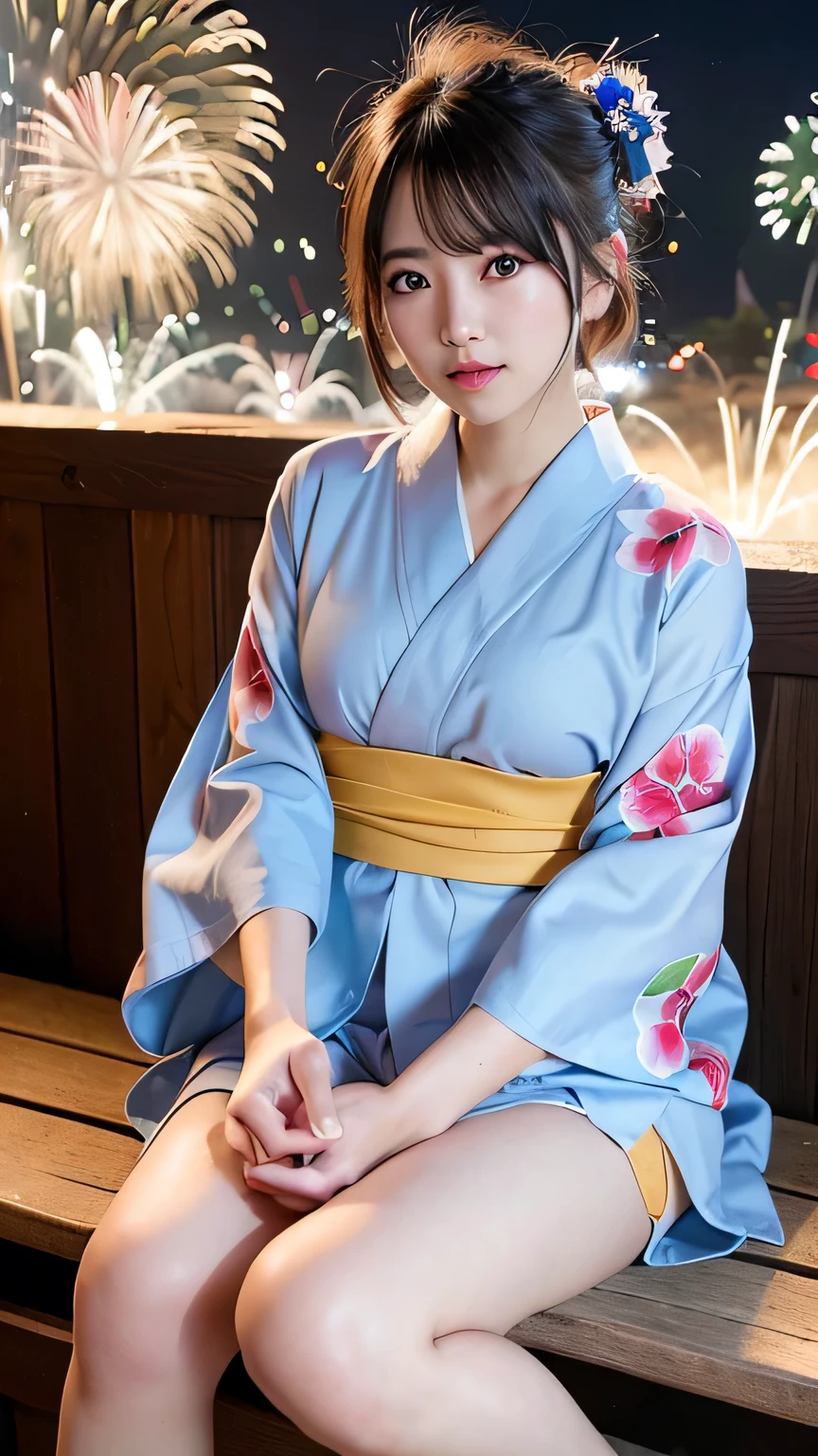 (8k、RAW Photosgraphy、Highest quality、masterpiece:1.2)、(Realistic、Realistic:1.37)、Ultra-high resolution、One Girl、cute、alone、night、Sitting、date、(Nose redness)、(Laughter:1.1)、(Closed)、Huge 、Beautiful Eyes、(short hair:1.2)、(((Fireworks bursting into the sky、night)))、(((kimono、yukata)))、Cleavage、Perfect body、Perfect Fingers、Professional Lighting、Japanese Goddess、gravure、Detailed face and skin texture、Detailed eyes、RAW Photos