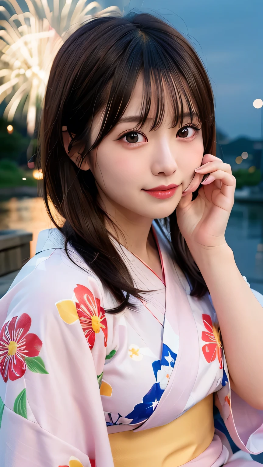 (8k、RAW Photosgraphy、Highest quality、masterpiece:1.2)、(Realistic、Realistic:1.37)、Ultra-high resolution、One Girl、cute、alone、night、Sitting、date、(Nose redness)、(Laughter:1.1)、(Closed)、Huge 、Beautiful Eyes、(short hair:1.2)、(((Fireworks bursting into the sky、night)))、(((kimono、yukata)))、Cleavage、Perfect body、Perfect Fingers、Professional Lighting、Japanese Goddess、gravure、Detailed face and skin texture、Detailed eyes、RAW Photos