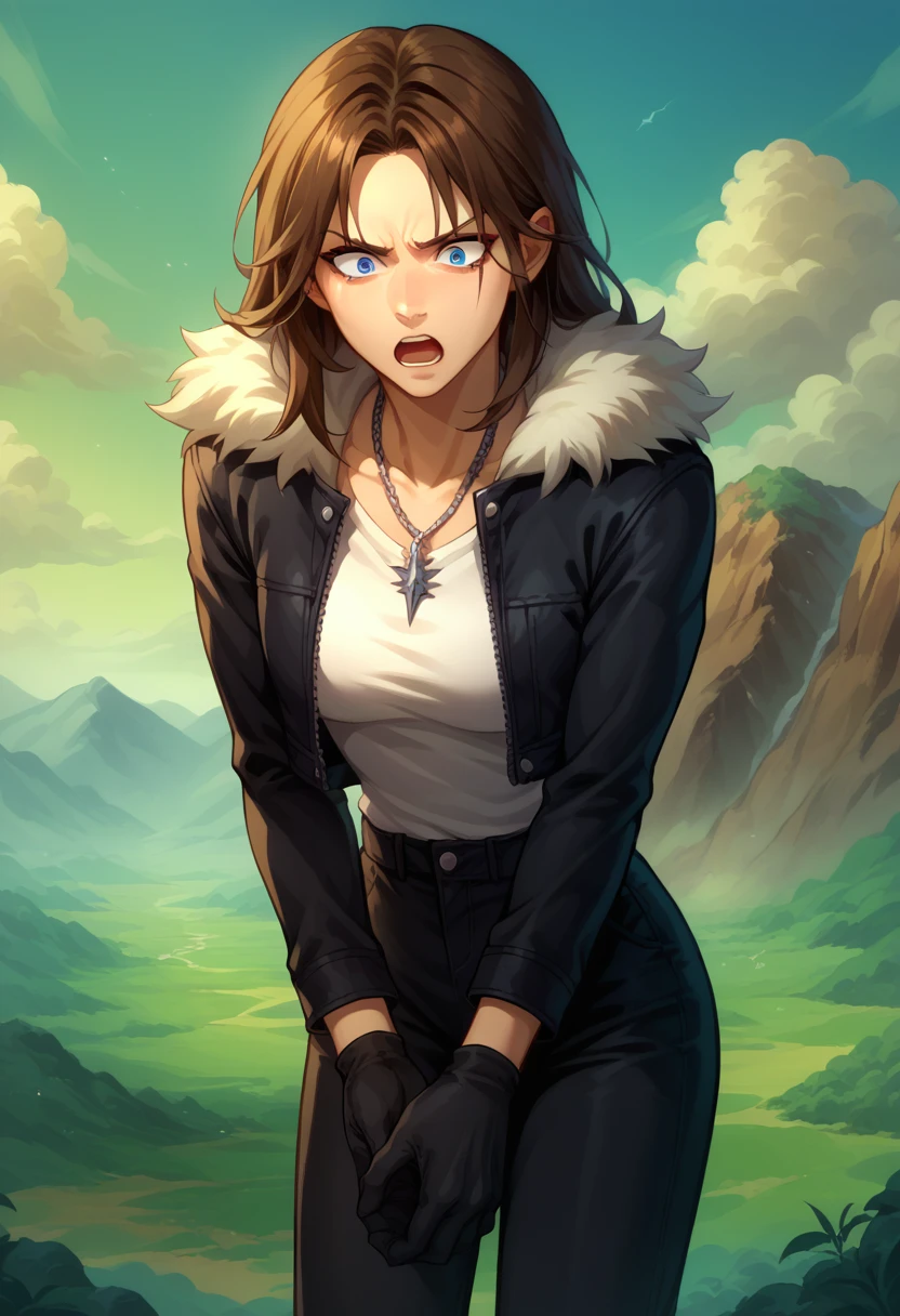 score_9, score_8_up, score_7_up, 1boy, solo, squall, medium breasts, slender body, necklace, brown hair, long hair, gloves, white shirt, blue eyes, shirt, black gloves, jacket, black jacket, fur trim jacket, black pants, scar, scar on face, hands on crotch, grabbing onw crotch, parted bangs, sweathing, shaking, thin waist, (single closed eye), leaning forward, shocked face, angry, screaming, stiff hands, standing, looking down, landscape,
