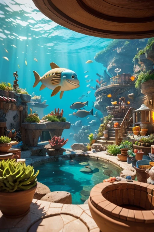 Put all the surrounding cabinets with artifacts, clay pots, pottery bowls, driftwood, a diver in the deep sea holding the artifacts upstream, cute digital paintings, cartoon characters, cute 3D renderings, clay characters, clay animations, cute detailed digital art, 3D characters  