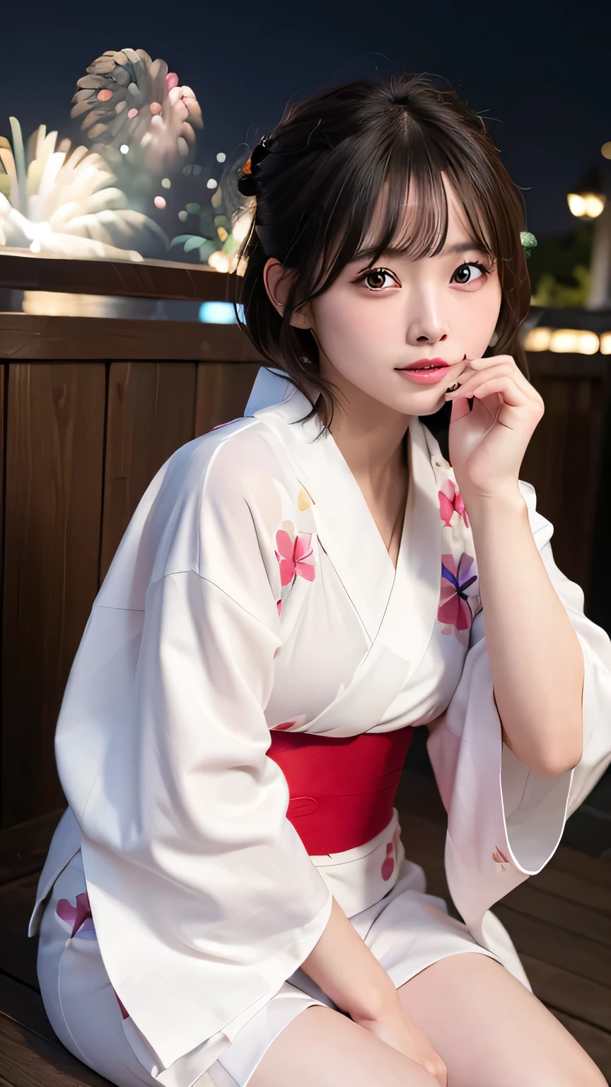 (8k、RAW Photosgraphy、Highest quality、masterpiece:1.2)、(Realistic、Realistic:1.37)、Ultra-high resolution、One Girl、cute、alone、night、Sitting、date、(Nose redness)、(Laughter:1.1)、(Closed)、Huge 、Beautiful Eyes、(short hair:1.2)、(((Fireworks bursting into the sky、night)))、(((kimono、yukata)))、Cleavage、Perfect body、Perfect Fingers、Professional Lighting、Japanese Goddess、gravure、Detailed face and skin texture、Detailed eyes、RAW Photos