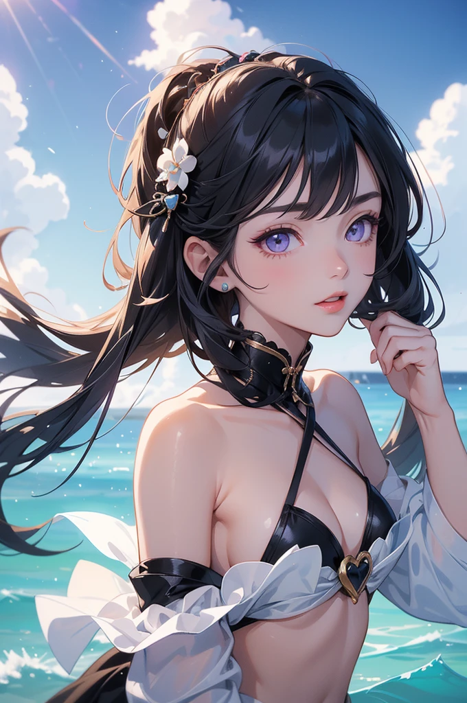 ((best quality)), ((masterpiece)), ((detailed)), ((1girl)), Kimetsu no yaiba screenshot of a girl in black charming bikini outfit with skullcap,  a character portrait including heart shape face, dark purple eyes, straight dark black long hair, untie dark black long hair, two roofs hair, smiling, short scandals, variety of body styles, gentle fantasy art, beautiful character painting, white sands, full body style,, in sea background, epic and exquisite character art, stunning character art, beautiful girl.
