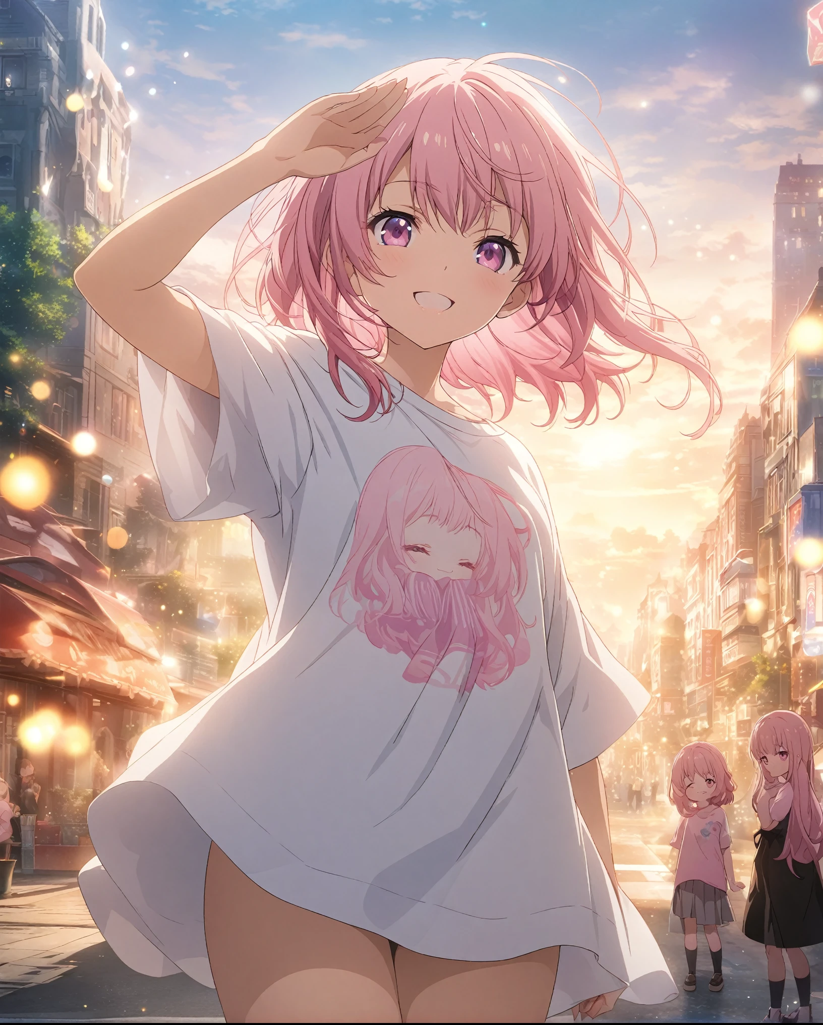Twin girls, masterpiece, Highest quality, Highly detailed CG Unity 8k wallpaper, High School Girl Anime Illustration, Knee-length oversized T-shirt、salute、she has her eyes closed and mouth open, smile. The background is a realistic city, Pink Hair Color, Pink Eyes, Pink eyelashes, Cowboy Shot, morning, Bokeh, (Soft Focus):1.2, Out of focus highlights, Dreamy atmosphere, Fascinating Depth, Chibi