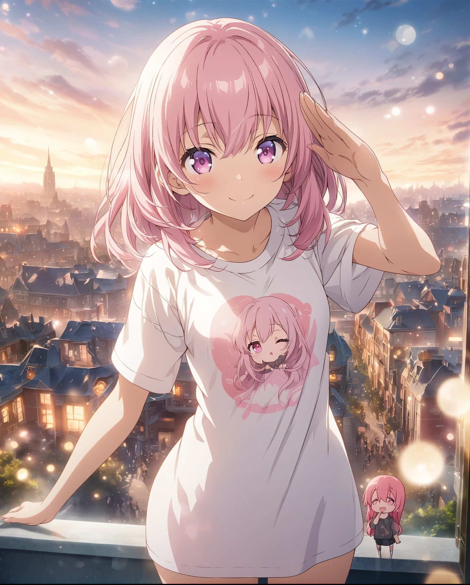 Twin girls, masterpiece, Highest quality, Highly detailed CG Unity 8k wallpaper, High School Girl Anime Illustration, Knee-length oversized T-shirt、salute、she has her eyes closed and mouth open, smile. The background is a realistic city, Pink Hair Color, Pink Eyes, Pink eyelashes, Cowboy Shot, morning, Bokeh, (Soft Focus):1.2, Out of focus highlights, Dreamy atmosphere, Fascinating Depth, Chibi