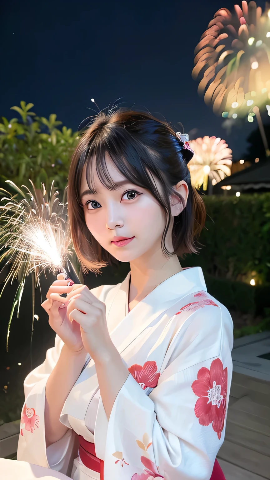 (8k、RAW Photosgraphy、Highest quality、masterpiece:1.2)、(Realistic、Realistic:1.37)、Ultra-high resolution、One Girl、cute、alone、night、Sitting、date、(Nose redness)、(Laughter:1.1)、(Closed)、Huge 、Beautiful Eyes、(short hair:1.2)、(((Fireworks bursting into the sky、night)))、(((kimono、yukata)))、Cleavage、Perfect body、Perfect Fingers、Professional Lighting、Japanese Goddess、gravure、Detailed face and skin texture、Detailed eyes、RAW Photos
