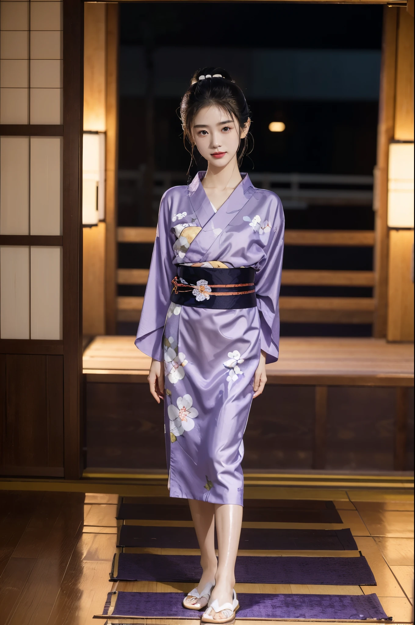 (((best quality))),(((ultra detailed))),(((masterpiece))),illustration,((1 beautiful Japannese girl,solo)),(neat bun:1.2),((slim,thin)),((small breasts,flat chest)),(in izakaya:1.3),(summer:1.2),(rainy:1.3),(indoor:1.2),(night scene:1.3),(wet:1.3),(collar:1.2),(purple floral yukata:1.3),(hakama:1.2),porcelain skin,(slender legs:1.2),(loafers:1.2),rouge,dimly lit,warm glow,ethereal,(standing:1.3),(arms behind back:1.2),sake bottle,half-empty glass,tray,grilled fish,steamed vegetables,half-eaten,melancholic smile,storm,solitude,enigmatic aura,tranquility,chaos,simplicity,mysterious,captivating,((from front,full body))