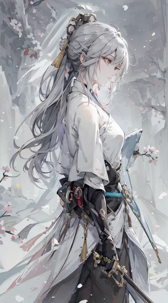 a close up of a woman with a sword in a white dress, a character portrait by Yang J, trending on cgsociety, fantasy art, beautiful character painting, artwork in the style of guweiz, guweiz, white hanfu, flowing white robes, full body wuxia, epic exquisite character art, stunning character art, beautiful female assassin,more details,