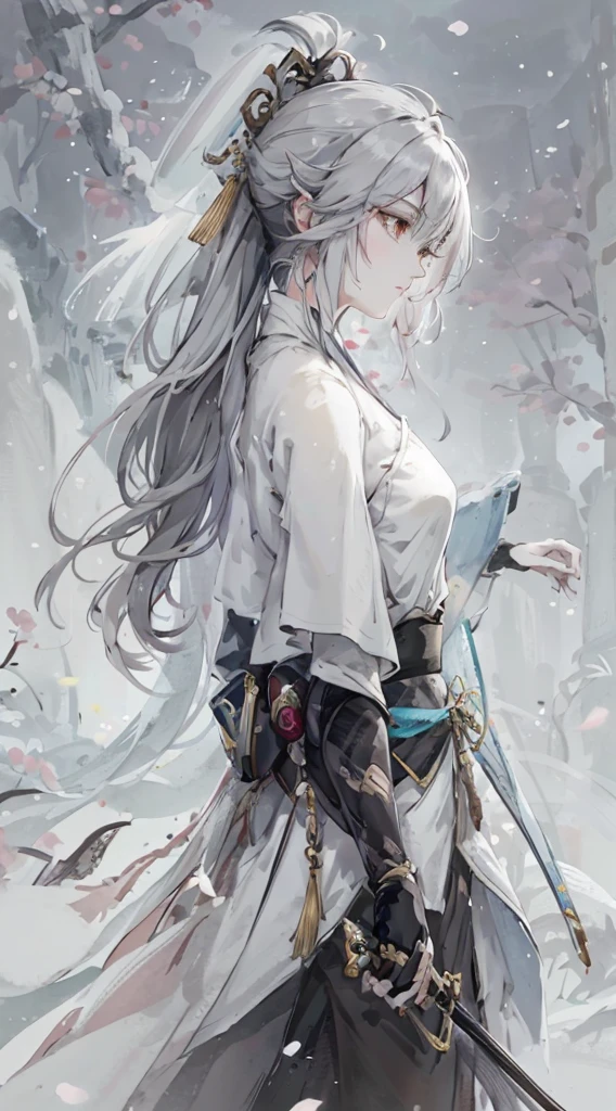 a close up of a woman with a sword in a white dress, a character portrait by Yang J, trending on cgsociety, fantasy art, beautiful character painting, artwork in the style of guweiz, guweiz, white hanfu, flowing white robes, full body wuxia, epic exquisite character art, stunning character art, beautiful female assassin,more details,