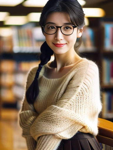   (8k, RAW photo, best quality, masterpiece), (photo realistic), outstanding details, ultra-high resolution, anatomically correct, textured skin, ((Extremely precise and accurate anatomy)),

A cute 28-year-old Japanese woman, librarian arranging books in the library, 

(fearless smile:0.1),  
(Downturned Eyes), (kind eyes:1.2) , kind Gaze, 
(low chignon:1.4), (Rimless round glasses), 
(light makeup) , 

looking at viewer, 
pupils sparkling,  thin lips, Mouth slightly open, 
dark brown hair, Forehead, 
white simple summer sweater, simple cotton Light brown flared skirt, 
Earrings, Necklace, 

Full Shot, whole body, (height: 148cm), High heels Has two legs,Has two arms、Has two legs, You need two arms, 

(background Spacious library interior, bookshelves), 
(backlighting), 
reflection light from below, 
atmospheric perspective, depth of field, 
(dramatic lighting), cinematic lighting, 