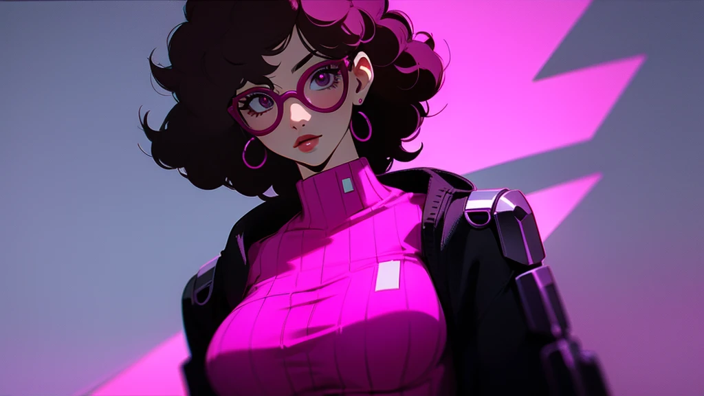 woman medium curly hair pink black eye black glasses pink clothing cyberpunk