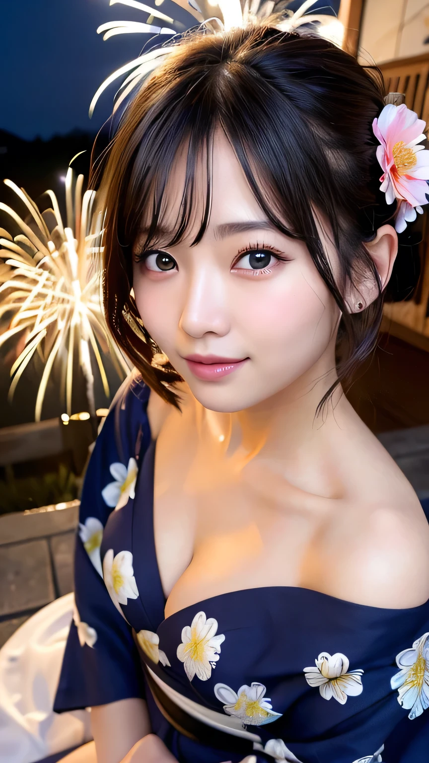 (8k、RAW Photosgraphy、Highest quality、masterpiece:1.2)、(Realistic、Realistic:1.37)、Ultra-high resolution、One Girl、cute、alone、night、Sitting、date、(Nose redness)、(Laughter:1.1)、(Closed)、Huge 、Beautiful Eyes、(short hair:1.2)、(((Fireworks bursting into the sky、night)))、(((kimono、yukata)))、Cleavage、Perfect body、Perfect Fingers、Professional Lighting、Japanese Goddess、gravure、Detailed face and skin texture、Detailed eyes、RAW Photos