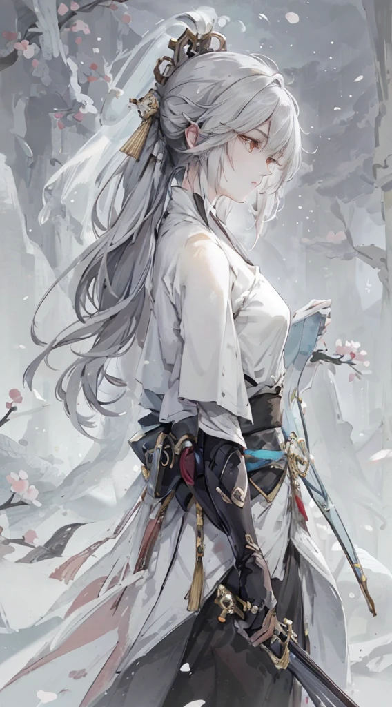 a close up of a woman with a sword in a white dress, a character portrait by Yang J, trending on cgsociety, fantasy art, beautiful character painting, artwork in the style of guweiz, guweiz, white hanfu, flowing white robes, full body wuxia, epic exquisite character art, stunning character art, beautiful female assassin,more details,