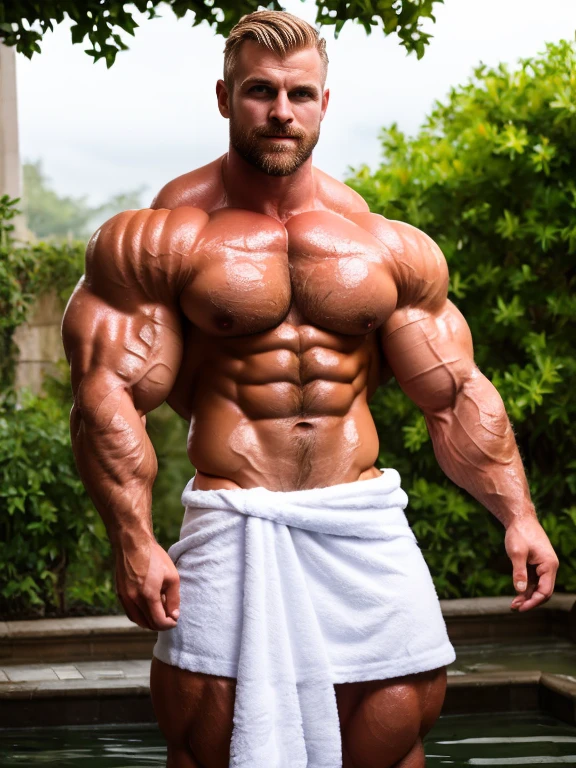 Handsome white man, 30 years old, dark blonde hair color, hairy body, bodybuilder, barechested, (white towel around his waist), (front view:1.2), still pose, short beard, serious face, wet hair, wet body, soaked, well-framed, hunky, lean and ripped, rippling chest