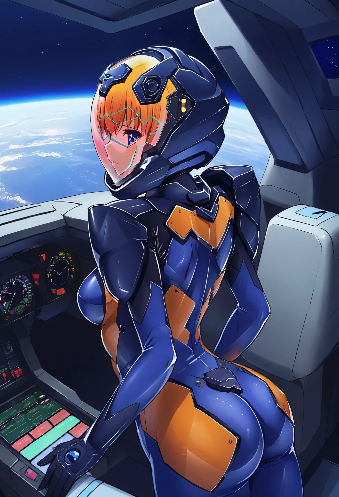 ((Female pilot in the cockpit of a reconnaissance plane), (airplane cockpit), (in flight), (10000 feet altitude)、(sky view):1.7),, short hair, street, emo, BLACK hair, white eyes, eyeliner, apocalypse, girl, nside the (cockpit:1.9) of a (futuristic spaceship:1.6), , blush,sitting on a chair, covered navel, space helmet, muvluv, space helm, plug suit , space helmet, eva helm, space suit, short hair, from side, blue bodysuit, visor helmetfrom behind
