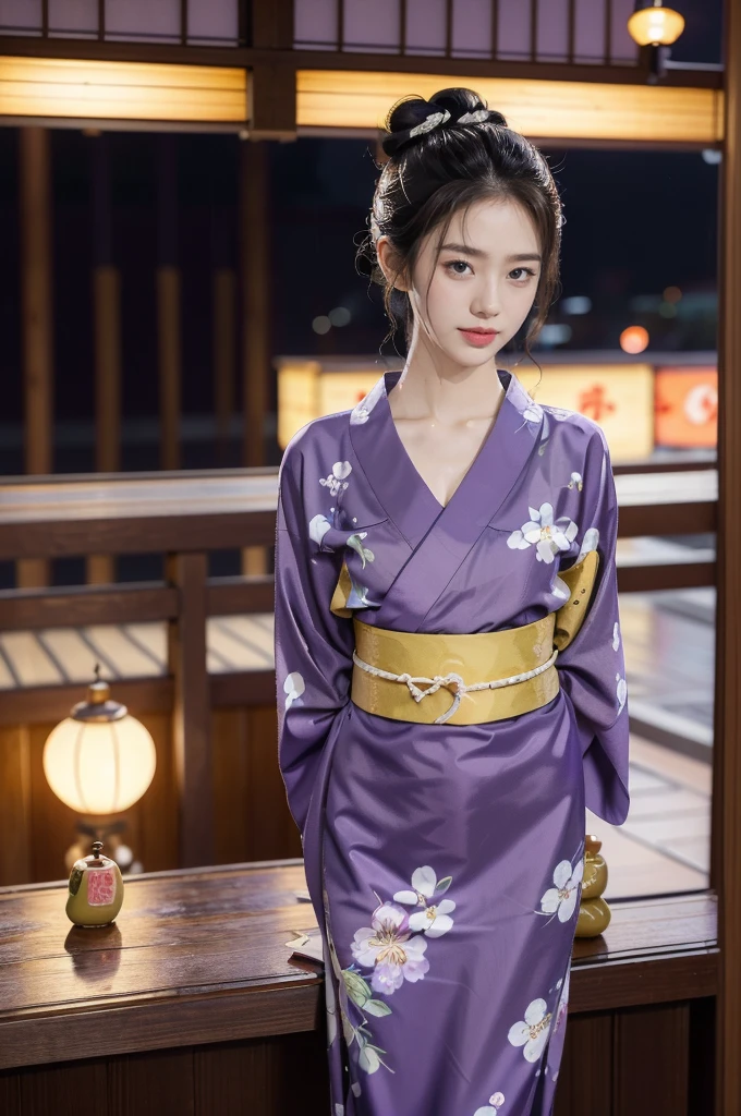 (((best quality))),(((ultra detailed))),(((masterpiece))),illustration,((1 beautiful Japannese girl,solo)),(neat bun:1.2),((slim,thin)),((small breasts,flat chest)),(in izakaya:1.3),(summer:1.2),(rainy:1.3),(indoor:1.2),(night scene:1.3),(wet:1.3),(collar:1.2),(purple floral yukata:1.3),(hakama:1.2),porcelain skin,(slender legs:1.2),(loafers:1.2),rouge,dimly lit,warm glow,ethereal,(standing:1.3),(arms behind back:1.2),sake bottle,half-empty glass,tray,grilled fish,steamed vegetables,half-eaten,melancholic smile,storm,solitude,enigmatic aura,tranquility,chaos,simplicity,mysterious,captivating,((from front,full body))
