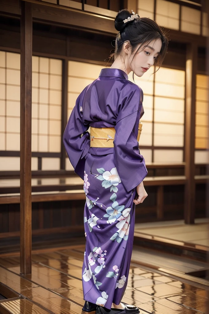 (((best quality))),(((ultra detailed))),(((masterpiece))),illustration,((1 beautiful Japannese girl,solo)),(neat bun:1.2),((slim,thin)),((small breasts,flat chest)),(in izakaya:1.3),(summer:1.2),(rainy:1.3),(indoor:1.2),(night scene:1.3),(wet:1.3),(collar:1.2),(purple floral yukata:1.3),(hakama:1.2),porcelain skin,(slender legs:1.2),(loafers:1.2),rouge,dimly lit,warm glow,ethereal,(standing:1.3),(arms behind back:1.2),sake bottle,half-empty glass,tray,grilled fish,steamed vegetables,half-eaten,melancholic smile,storm,solitude,enigmatic aura,tranquility,chaos,simplicity,mysterious,captivating,((from front,full body))