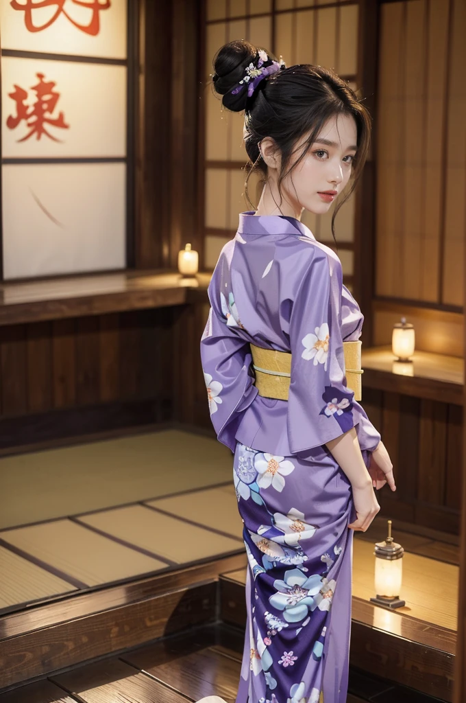 (((best quality))),(((ultra detailed))),(((masterpiece))),illustration,((1 beautiful Japannese girl,solo)),(neat bun:1.2),((slim,thin)),((small breasts,flat chest)),(in izakaya:1.3),(summer:1.2),(rainy:1.3),(indoor:1.2),(night scene:1.3),(wet:1.3),(collar:1.2),(purple floral yukata:1.3),(hakama:1.2),porcelain skin,(slender legs:1.2),(loafers:1.2),rouge,dimly lit,warm glow,ethereal,(standing:1.3),(arms behind back:1.2),sake bottle,half-empty glass,tray,grilled fish,steamed vegetables,half-eaten,melancholic smile,storm,solitude,enigmatic aura,tranquility,chaos,simplicity,mysterious,captivating,((from front,full body))
