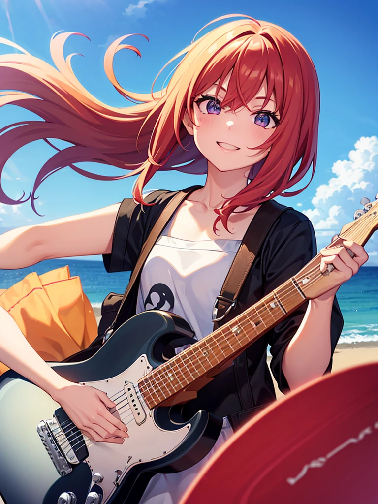 One Girl, sight, Character Profile, chest, Shortcuts, Hair blowing in the wind, Please open your mouth a little, guitar,Hydrating with a plastic bottle Red face, Half Eye(Filmography), smile,