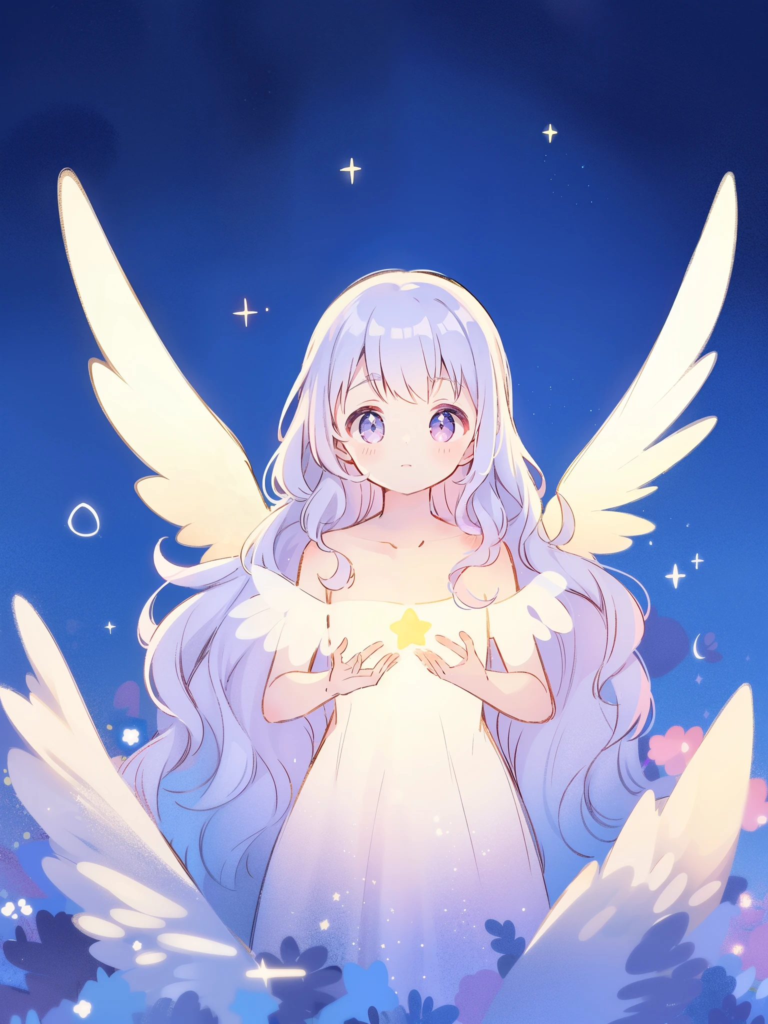 nude angel girl wearing an ethereal translucent dress, pale skin, ((wavy gradient blue purple hair)), white feathers, angel wings, sparkling detailed eyes, golden ratio face, perfect composition, highly detailed, ethereal, (starry night sky background), midjourney style