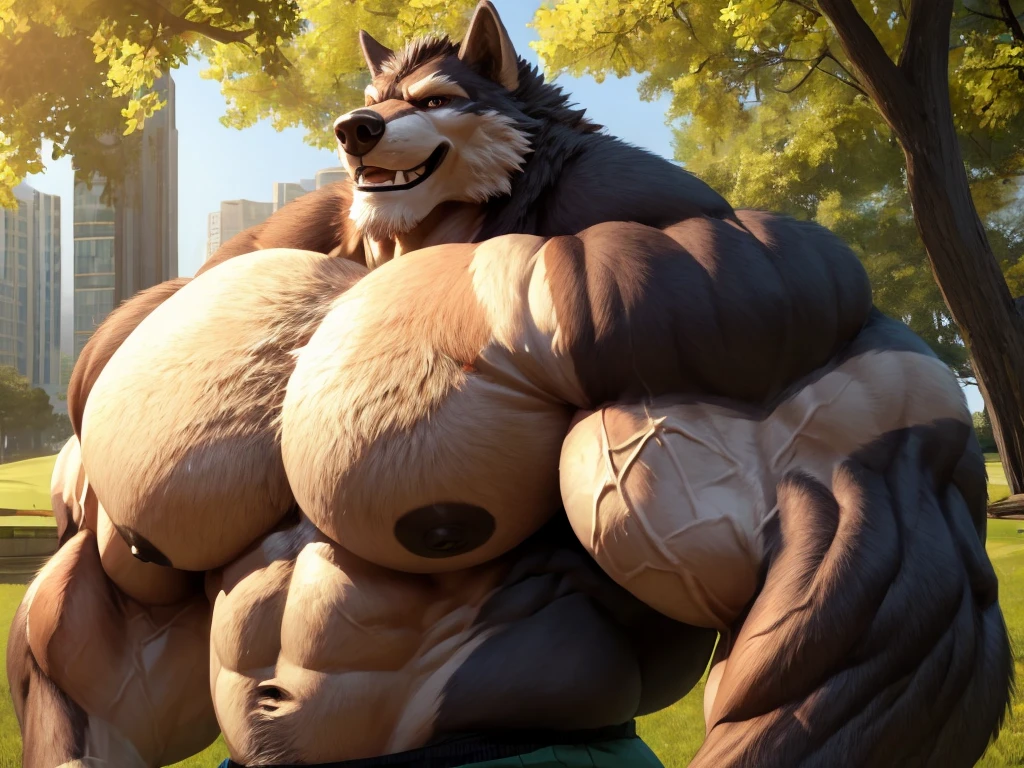 1boy, 1man, solo, (furry wolf), Park, extremely huge muscular, massive muscular , (topless, shirtless, shorts), well-muscled old man. ((extremely muscle size, super thick arms, huge pec, hyper pec, bigger chest, extremely wide pectoral , huge arms)), wide smiling. Add textures and details to make the image more realistic, such as the appearance of the. Make sure the resulting image is high resolution, 8K quality