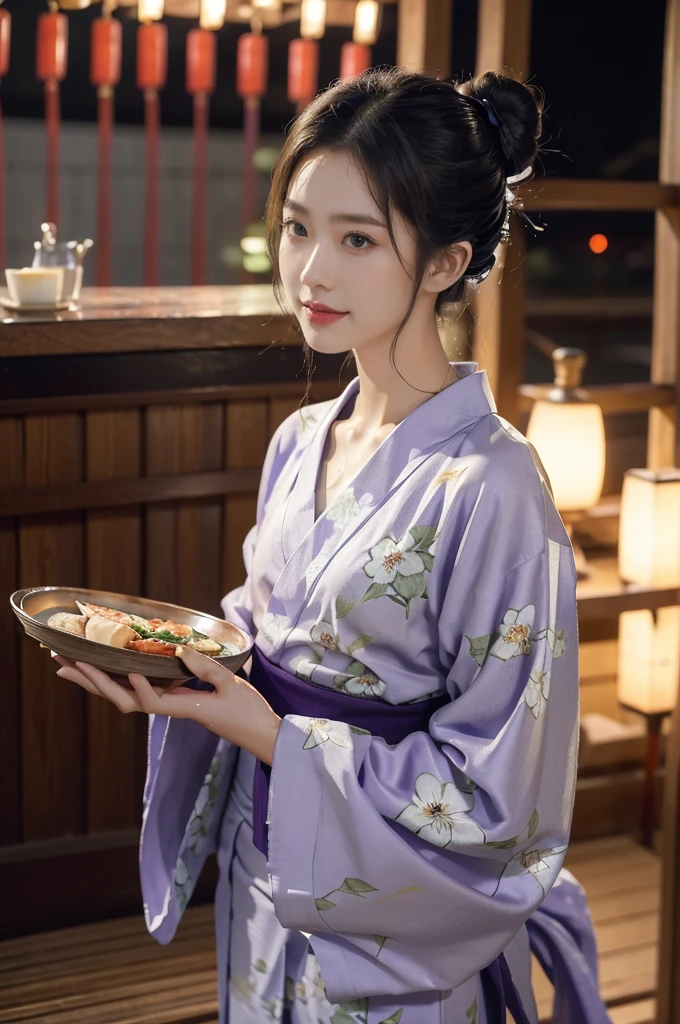 (((best quality))),(((ultra detailed))),(((masterpiece))),illustration,((1 beautiful Japannese girl,solo)),((slim,thin)),((small breasts,flat chest)),(in izakaya:1.3),(summer:1.2),(rainy:1.3),(indoor:1.2),(night scene:1.3),(wet:1.3),(purple floral yukata:1.3),neat bun,porcelain skin,rouge,dimly lit,warm glow,ethereal,(standing:1.3),(hands on both sides:1.3),sake bottle,half-empty glass,tray,grilled fish,steamed vegetables,half-eaten,melancholic smile,storm,solitude,enigmatic aura,tranquility,chaos,simplicity,mysterious,captivating,((from front,upper body))